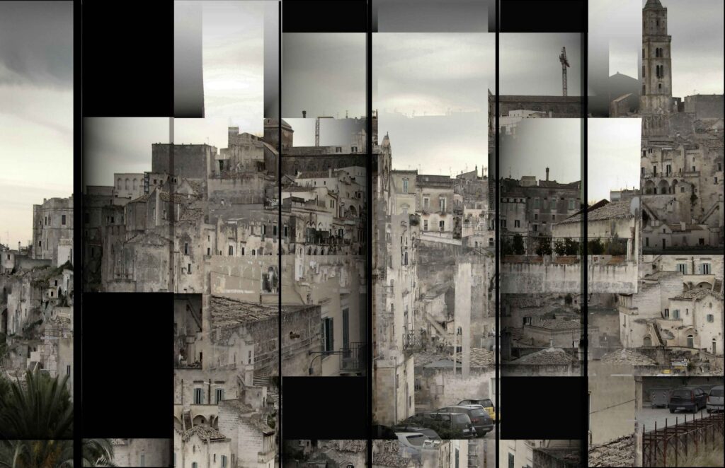 “Matera, veduta a sbalzo” (2010) cm. 120 x 80 (Stampa lightjet su carta Kodak Endura montata sotto plexiglass a strisce di due dimensioni Edizione Unica di 3