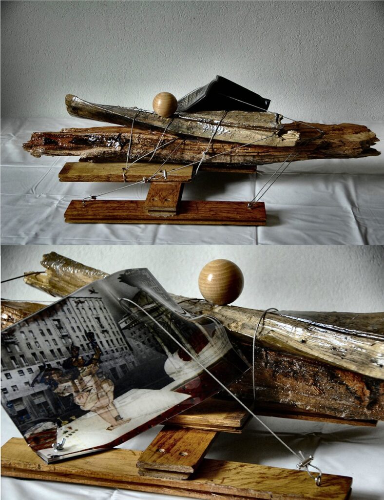 “Opera 21 - Ho raccattato tutte le mie cose, / le ho poste su una zattera, / e sono andato alla ricerca / di un Mondo infinito !” (cm. 70 x 35 x 21) - Reperti lignei e stampa su plexiglass termodeformato, legati con funi d’acciaio