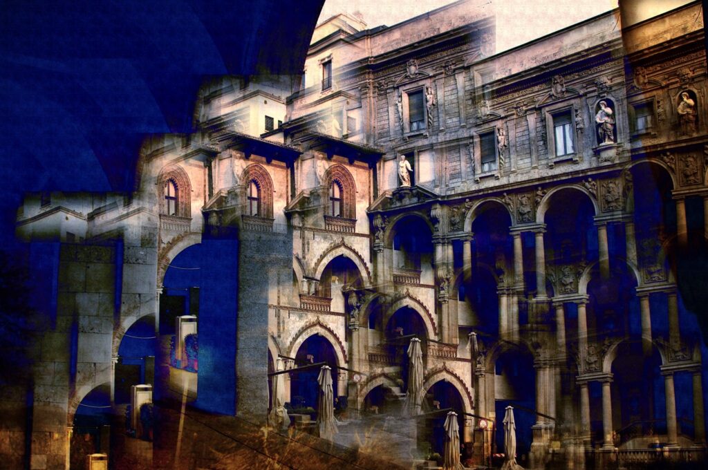 "Navigando per Piazza dei Mercanti" 2008 cm 150 x 99,63 Stampa Inkjet Epson lucida montata su pannello forex (cm 1) Sagomato e incollato su plexiglass nero