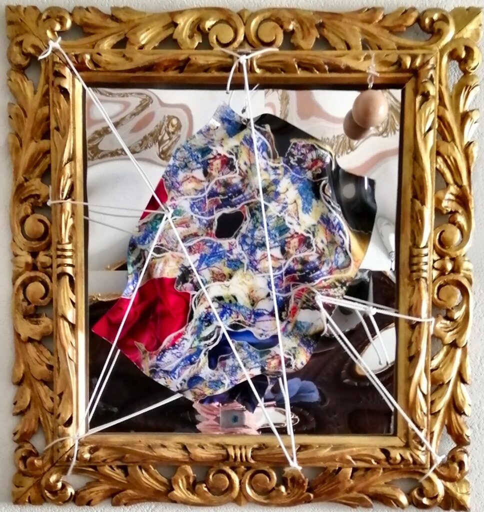 "Forse perchè della fatal quiete.... a me si cara vieni o Luna". (25 febbraio 2025) (Digital painting su lastra di plexiglass termodeformata di cm. 30 x 40, assemblata su cornice dorata fine '800 di cm 65 x70 con fondo di lastre a specchio, e funi tiranti.)